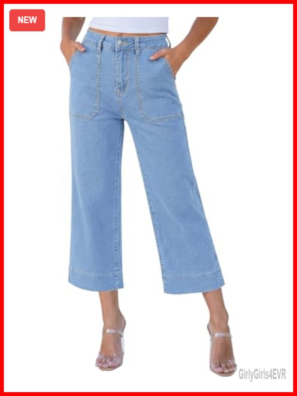 Wide Leg Capri Jeans High Waisted Cropped Stretch Denim Patch Pockets